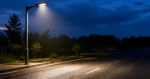โคมไฟถนน LED ส่องแสงลงบนผิวถนนช่วงหัวค่ำ เห็นการกระจายแสงบนพื้นถนนและบริเวณริมทาง
