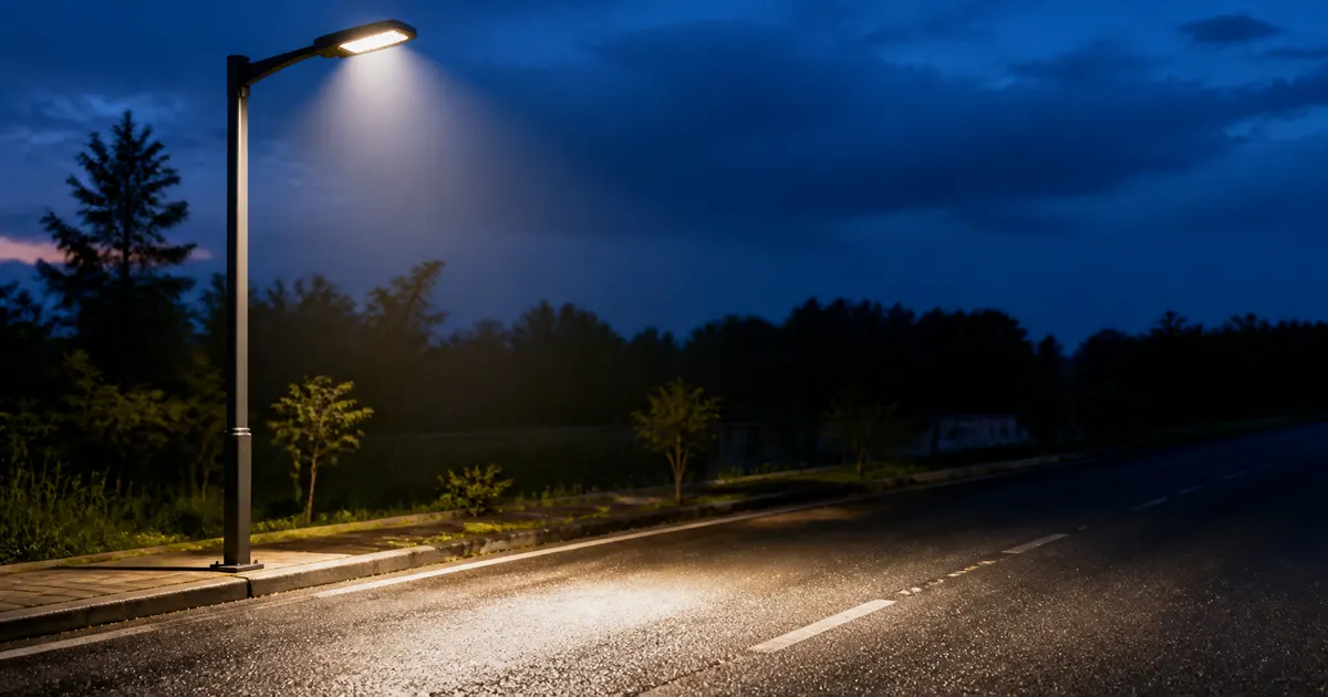 โคมไฟถนน LED บนเสาริมถนน ส่องแสงลงผิวถนนช่วงหัวค่ำ