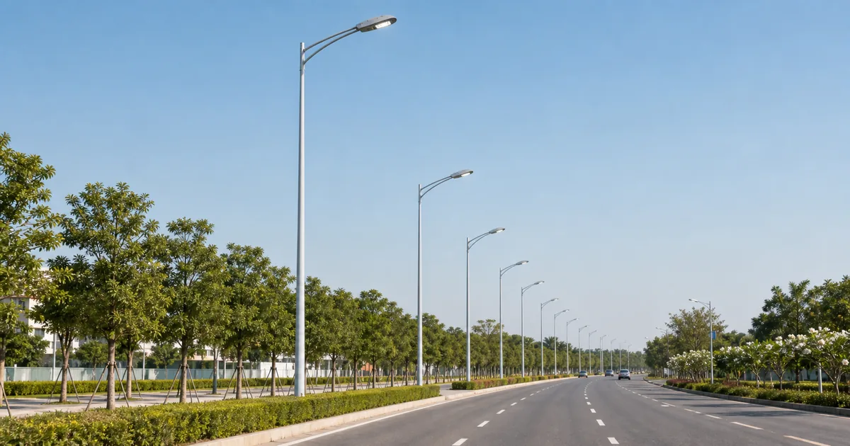 เสาไฟถนน LED ติดตั้งเรียงตามแนวถนนเทศบาลในเวลากลางวัน