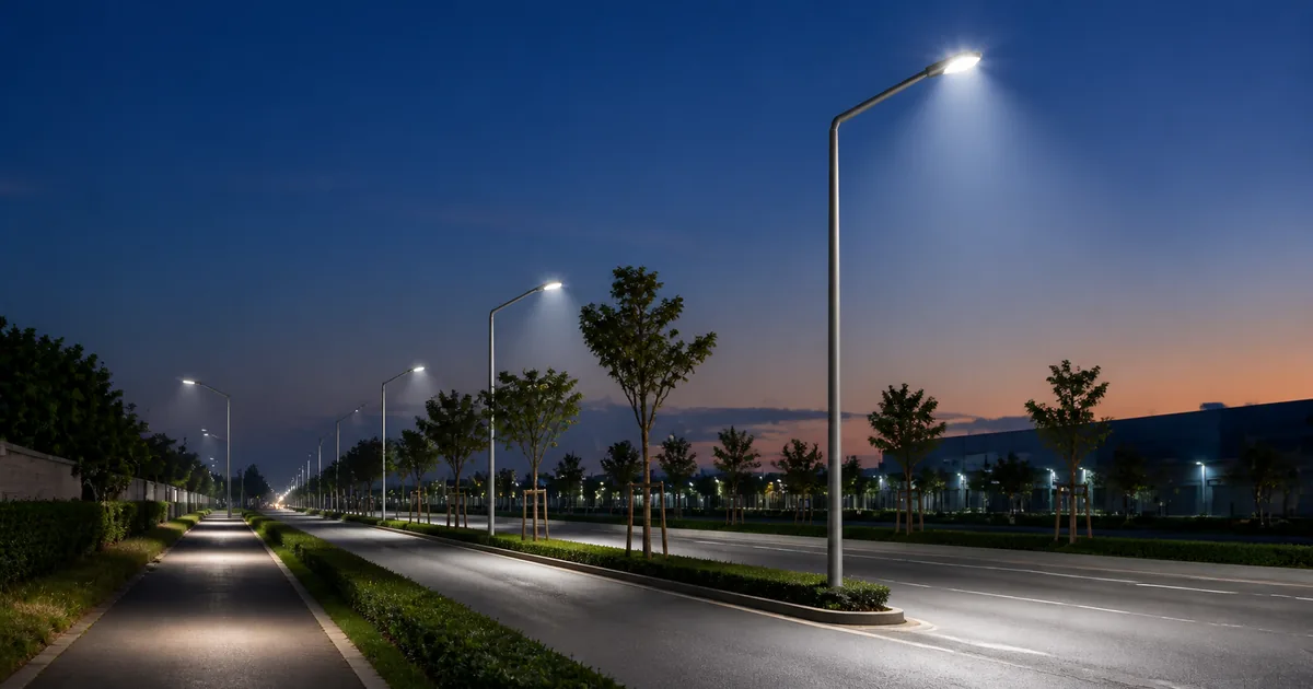 โคมไฟถนน LED 30W 120W 150W ต่างกันยังไง เลือกวัตต์ให้ตรงถนน ถนนช่วงพลบค่ำติดตั้งโคมไฟถนน LED หลายจุด สื่อการเลือกวัตต์ให้เหมาะกับถนนแต่ละแบบ